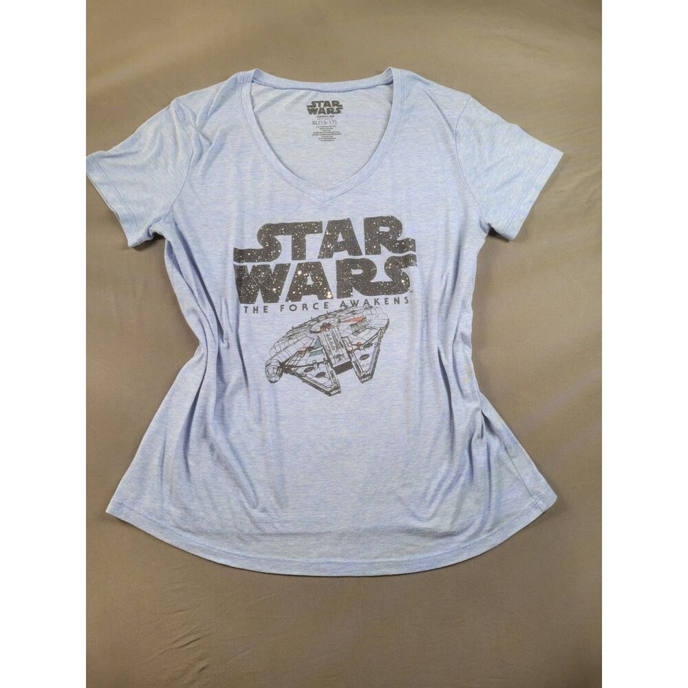 Star Wars The Force Awakens Millennium Falcon Graphic T-Shirt XL Blue V-Neck